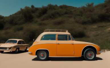 Obraz na płótnie Canvas two old cars parked in the sand - Generative AI