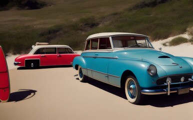 Obraz na płótnie Canvas two vintage cars are parked on the beach - Generative AI