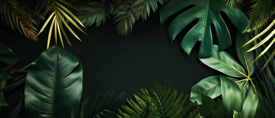 Naklejka na ściany i meble Tropical banner with exotical foliage on a green background. Place for text. Mockup for invitation, web covers, ads. Minimal, nature,organic concept. Generative ai