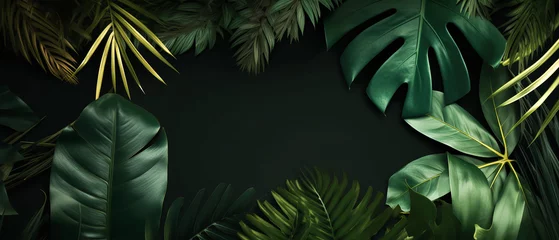 Fotobehang Tropical banner with exotical foliage on a green background. Place for text. Mockup for invitation, web covers, ads. Minimal, nature,organic concept. Generative ai © Inai