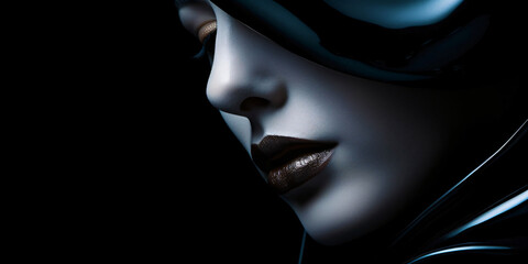 Abstract woman's face min wrapped in cloths on black background - obrazy, fototapety, plakaty