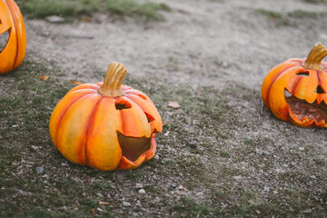 Halloween pumpkins on ground in October
