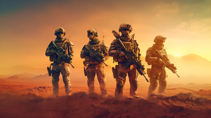 Squad of Three Fully Equipped and Armed Soldiers Standing on Hill in Desert Environment in Sunset Light Generative AI - obrazy, fototapety, plakaty