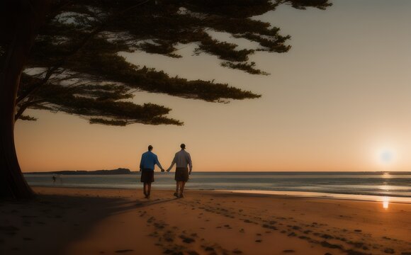 Two People Walking On The Beach At Sunset - Generative AI