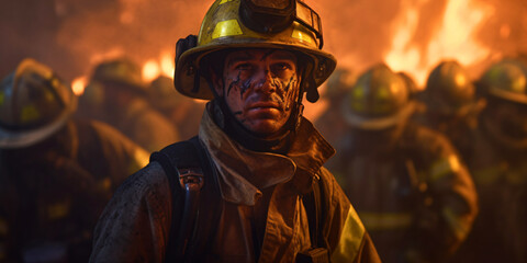 frontal view of a firefighter looking sad, fictional person made with generative ai