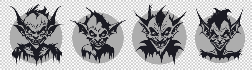 Vector set of graphic monochrome portraits of scary ugly funny gremlins with circles on an isolated background. Stickers or icons.