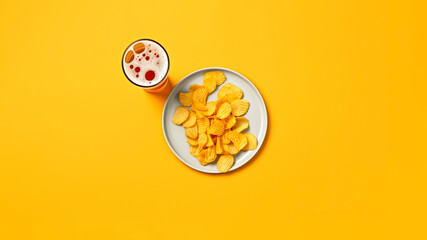 A glass of beer and potato chips on a yellow background with copy space, top view. Generative AI.