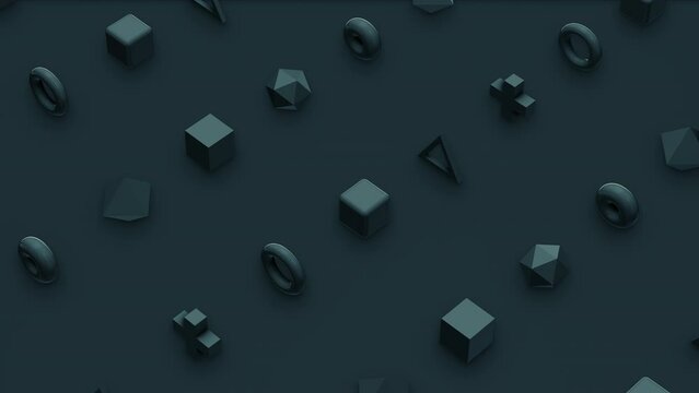 Futuristic 3d render of many different shapes seamless moving in isometric view on light blue background. Computer generated loop animation. 4K seamless motion design