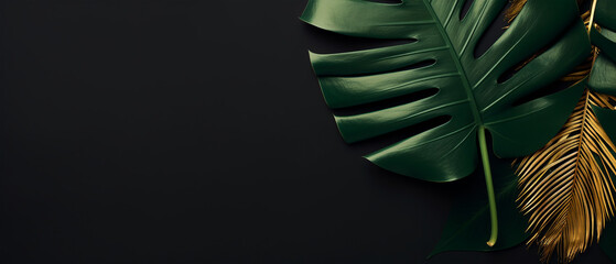 Fototapeta na wymiar Tropical banner with exotical foliage on a green background. Place for text. Mockup for invitation, web covers, ads. Minimal, nature,organic concept. Generative ai