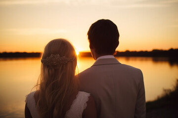 back view Couple bride groom watching sunset