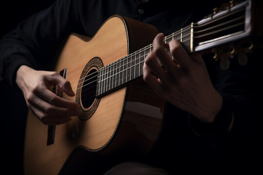 An image depicting a person playing a classical guitar, focusing on the hands strumming the strings, conveying the beauty and rhythm of music.