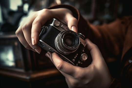 A close-up image of a person holding a vintage camera, focusing on the intricacies of the camera and the person's hands, embodying the charm of analog photography.