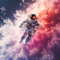 An Astronaut floats through the colourful clouds