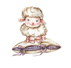 Watercolor hand drawn cute white fluffy sheep sitting on the soft pillow. Illustration of farm baby animal.Perfect for wedding invitation,greetings card,poster, fabric pattern.