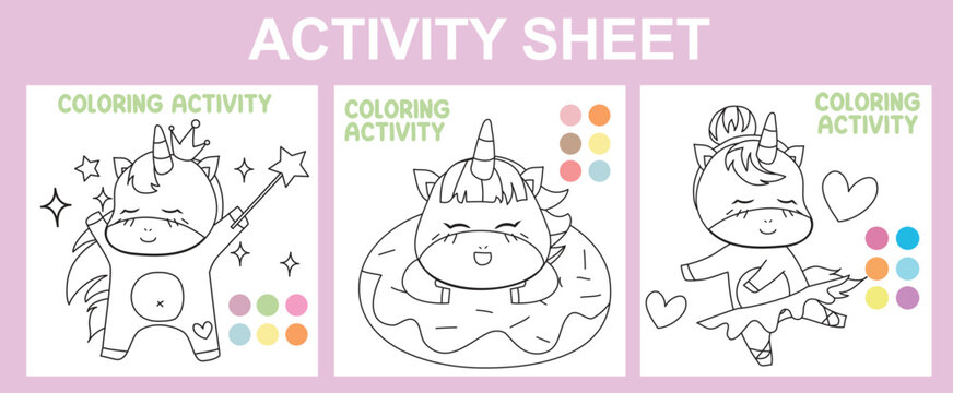 Printable activity sheet for children. 3 in 1 Educational worksheet with unicorn magical creature. Coloring activity for kids. Coloring page with cute and kawaii unicorn theme. Vector illustrations.
