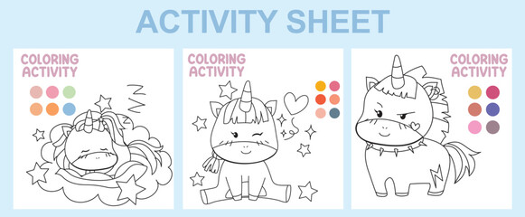 Printable activity sheet for children. 3 in 1 Educational worksheet with unicorn magical creature. Coloring activity for kids. Coloring page with cute and kawaii unicorn theme. Vector illustrations.
