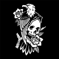 illustration vector of eagle falcon and skull head with roses flower