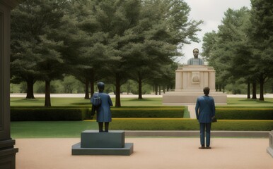 two men in blue suits are standing in front of a statue - Generative AI