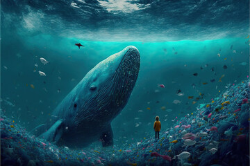 Underwater global problem with plastic rubbish. Ocean pollution, environmental conservation and ecology concept. Generative AI