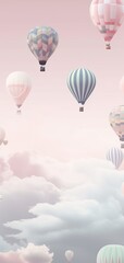 Obraz premium Beautiful vertical backgorund with hot air balloons up in the sky, in pastel colors. Generative Ai
