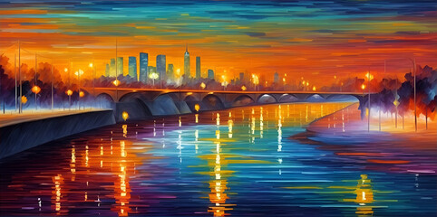 Night city lanscape. AI generated illustration