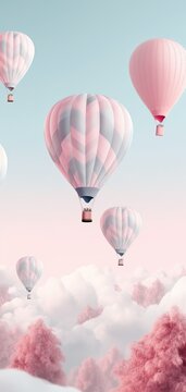 Beautiful vertical backgorund  with hot air balloons up in the sky, in pastel colors. Generative Ai