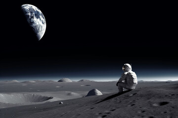 Astronaut Sitting In Contemplation on Moon Looking At Distant Earth