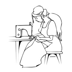 Seamstress at work. A long-haired woman in a dress sits at a sewing machine and sews something.