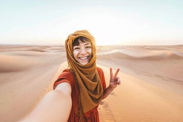 Happy female tourist taking selfie on sand dunes in the Africa desert, Sahara National Park - Influencer travel blogger enjoying trip while takes self portrait - Summer vacation and weekend activities - obrazy, fototapety, plakaty