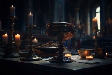 Eucharist Feast of Corpus Christi. Jesus Christ in the monstrance present in the Sacrament of the Eucharist. holy grail, bronze gold cup with christian and religious cross. Jesus Christ. Generative AI