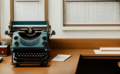 a typewriter sits on a desk in front of a window - Generative AI