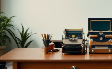 vintage typewriters on a wooden desk - Generative AI