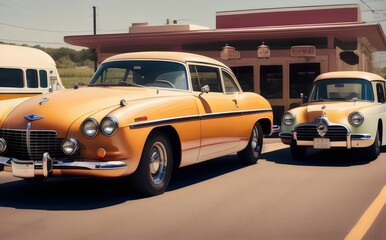 two classic cars parked in front of a diner - Generative AI