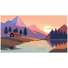 landscape showing airplane flying over the mountain house trees A perfect sunset in mountains vector illustration art	