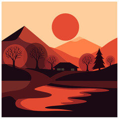 vector illustration art landscape orange based scene mountain trees sun river orangey landscape  