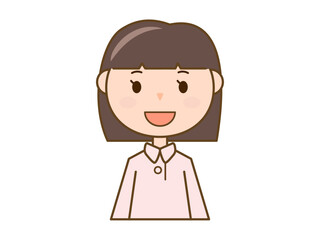 笑顔で正面を向く看護師さん_ピンク白衣を着た女性_ボブ