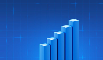 Blue business chart 3d graph growth financial marketing concept on success strategy background with digital finance diagram analysis data symbol or increase economy earning target price sale value.