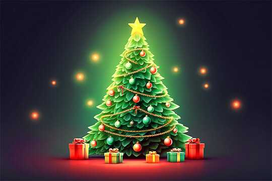 Decorated christmas tree. Greeting card concept. Merry christmas. Post processed AI generated image .