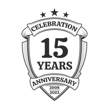 15 year anniversary icon or logo. 15th yubilee celebration, business company birthday badge or label. Vintage banner with shield and ribbon. Wedding, invitation design element. Vector illustration.
