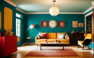 a living room with teal walls and yellow furniture - Generative AI