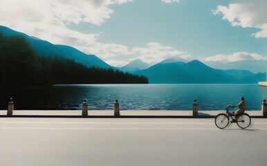 a person riding a bike on the side of a lake - Generative AI