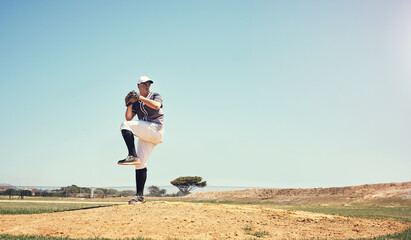 Games, sports and baseball with man on field for competition, training or performance. Action, exercise and championship with male athlete throwing in stadium park for fitness, pitch and mockup space