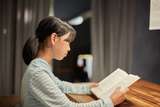 家のリビングで読書している子供