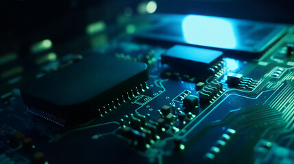 Closeup of a cyan/green circuit board, Ai Generated, Background - obrazy, fototapety, plakaty