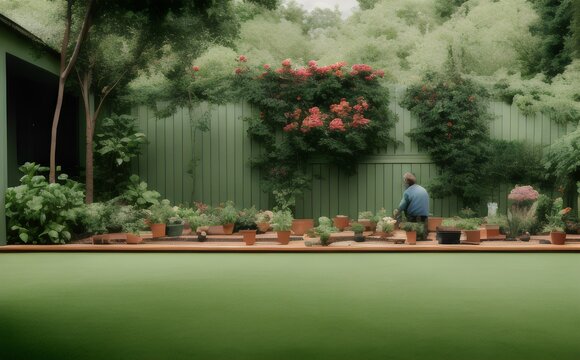 A Man Standing In A Garden With Potted Plants - Generative AI