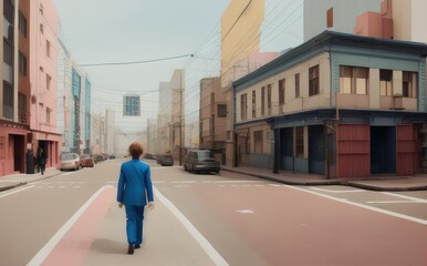 a person in a blue suit walking down a street - Generative AI