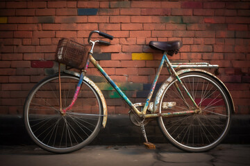 Fototapeta na wymiar vintage bicycle, colorful brick wall, urban charm, city lifestyle, bicycle, urban, street, retro, lifestyle, brick wall