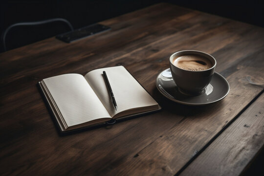 An image of an open notebook alongside a cup of coffee on a wooden table, symbolizing a morning routine of planning and reflection.