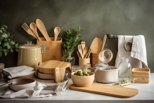 An image of a sustainable eco-friendly kitchen setup with bamboo utensils, reusable bags, and glass containers, embodying the zero-waste lifestyle and sustainable living.