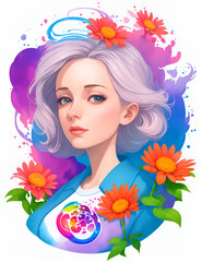 Beautiful woman with flowers. AI generated illustration